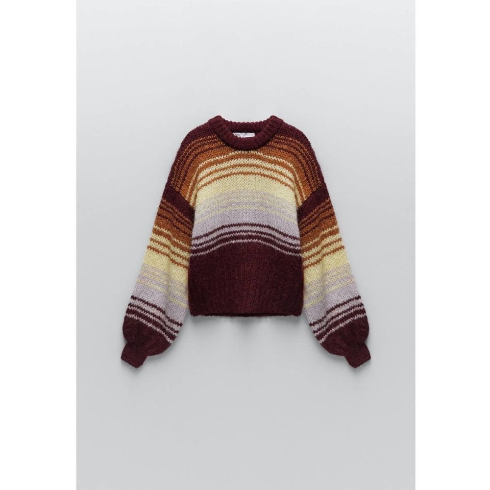 Zara Striped Balloon Sleeve‎ Knit Alpaca/Wool Blend Sweater Sz Medium Red